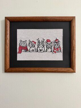 Homemade Holiday Cats Framed Embroidery Art 10X13